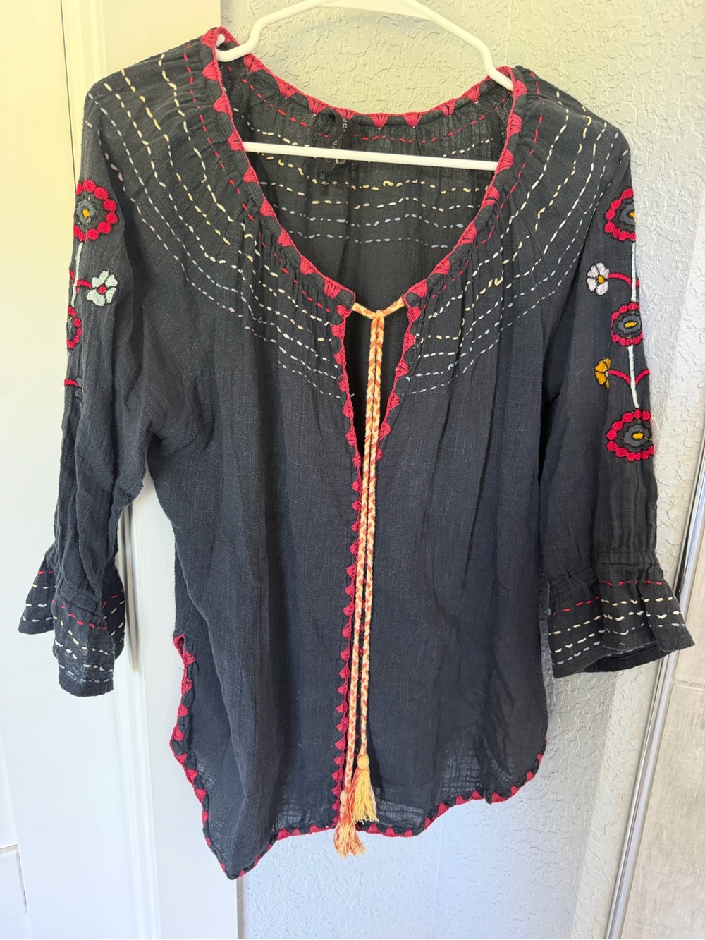 Embroidered Black Peasant Tunic with Pink Trim